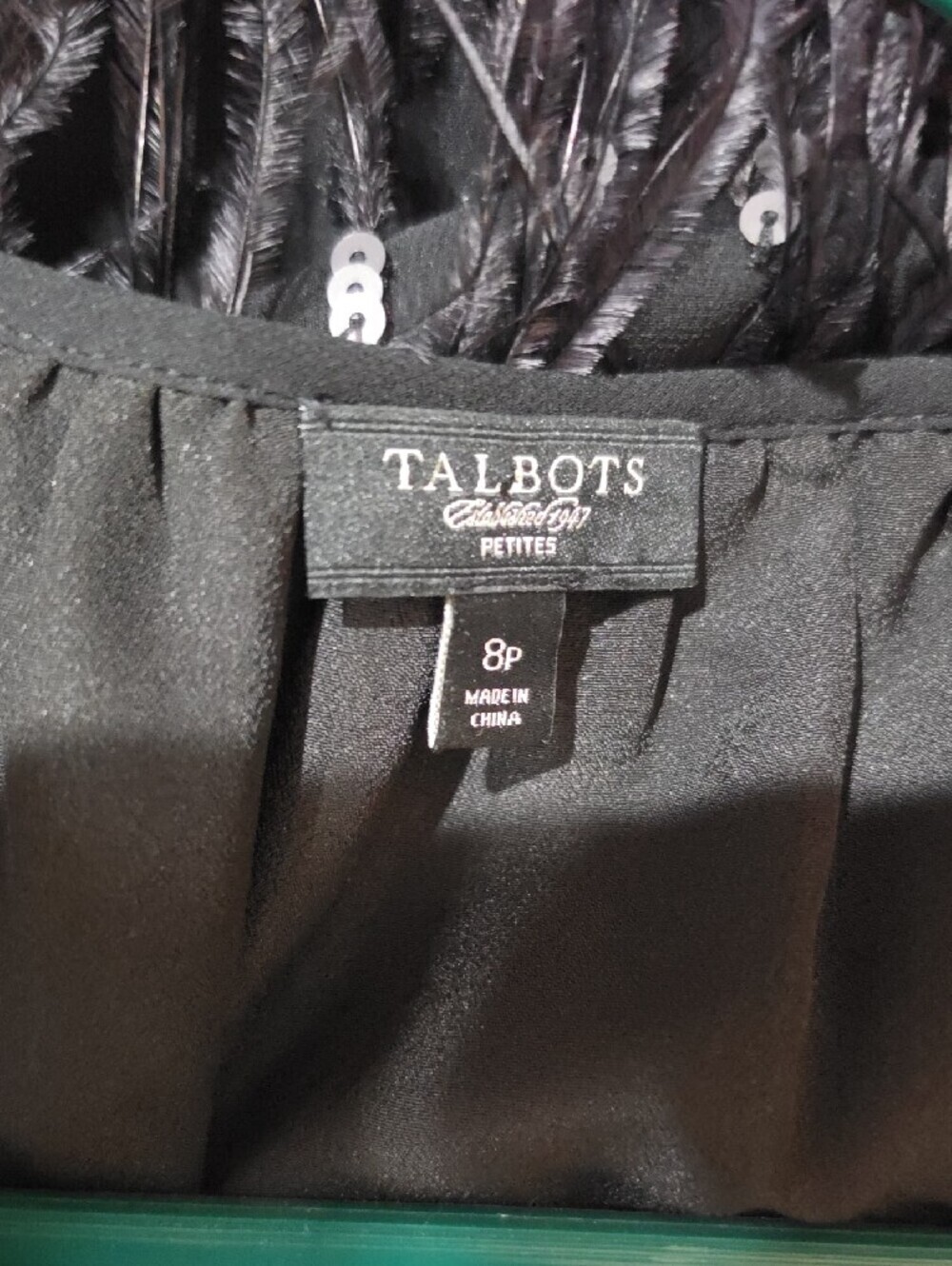 Talbots Petites Black Sequin and Feather-Trim Cocktail Shift Dress - Size 8P - Picture 8 of 9